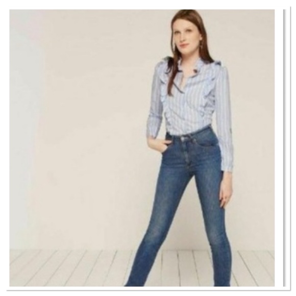 Reformation Etta Top In Lydia Striped Ruffle Edge Button Up Front Blue Size L - Picture 3 of 10